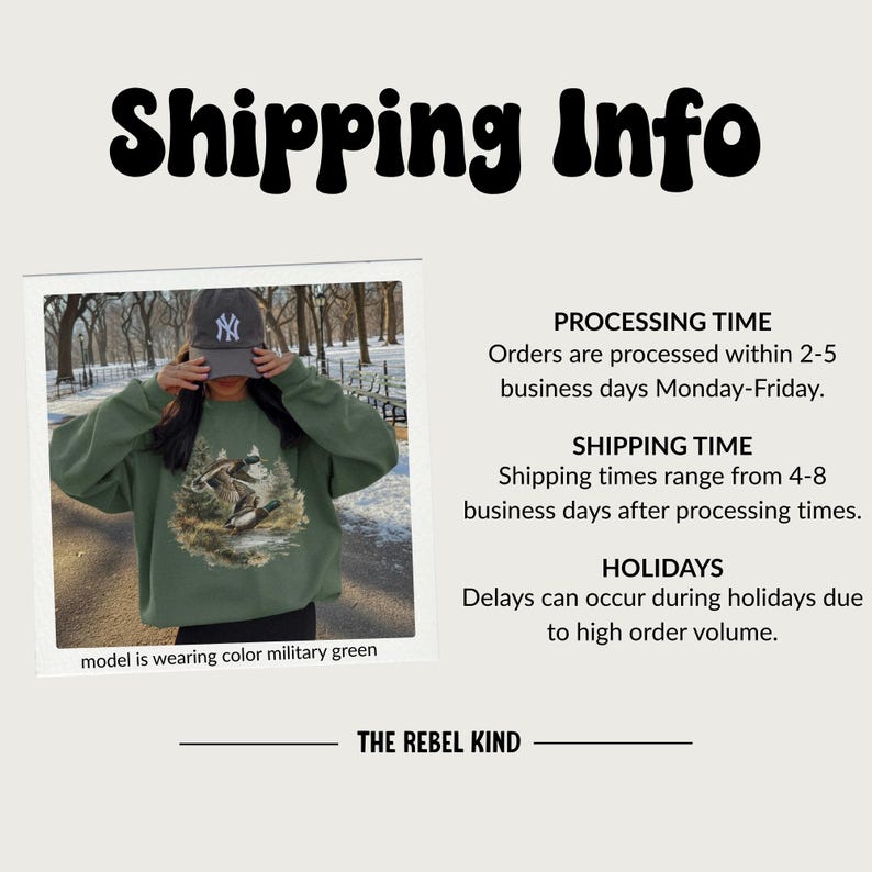 May include: A military green sweatshirt with a nature scene graphic. The sweatshirt is paired with a baseball cap. The text "THE REBEL KIND" is at the bottom of the image.