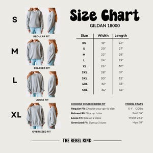 May include: A size chart for Gildan 18000 sweatshirts, with measurements in inches. The chart includes sizes XS to 5XL, along with fit recommendations and model stats. The text "Size Chart" is displayed in a bold, retro font.