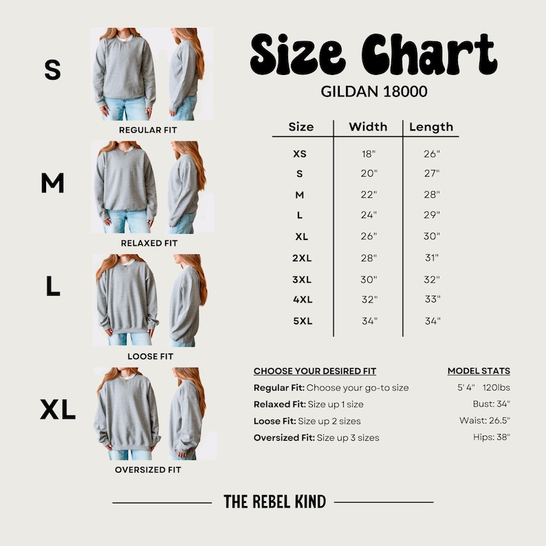 May include: A size chart for Gildan 18000 sweatshirts, with measurements in inches. The chart includes sizes XS to 5XL, along with fit recommendations and model stats. The text "Size Chart" is displayed in a bold, retro font.