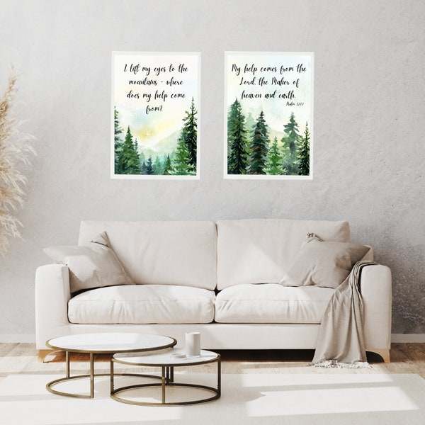 Lift My Eyes To the Mountains Where Does my Help Come From Psalm 121:1 Verse Set of 2 Prints in wooded scene