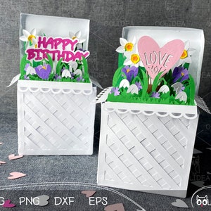 Modello SVG per scatola regalo pop-up con fiori di carta 3D: bouquet primaverile di compleanno e amore per Cricut Cutting