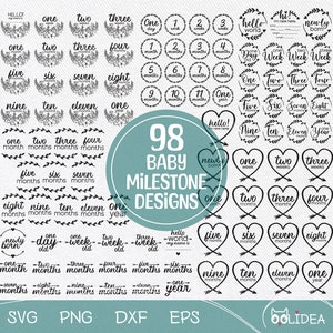 Può includere: Un set di 98 disegni di pietre miliari per bambini in bianco e nero. I disegni presentano numeri, parole e illustrazioni di foglie e frecce. I disegni sono perfetti per creare biglietti di pietre miliari per bambini, pagine di album di ritagli o altri lavoretti.