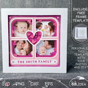 May include: A white frame with a pink and white layered design. The frame has four photo slots and a pink heart in the center. The text "THE SMITH FAMILY" is at the bottom of the frame.