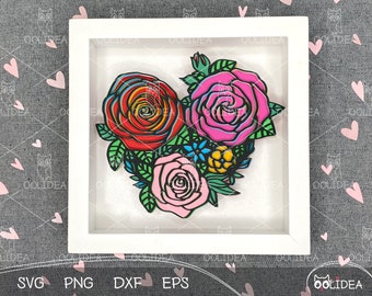 Flower heart SVG bundle | Layered rose heart SVG template | 3D Valentine floral heart SVG