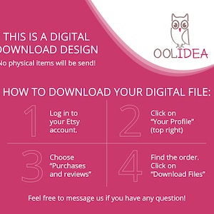 Może przedstawiać: R&oacute;żowo-biała grafika z instrukcjami pobierania pliku cyfrowego z Etsy. Tekst brzmi "THIS IS A DIGITAL DOWNLOAD DESIGN" i "HOW TO DOWNLOAD YOUR DIGITAL FILE:" z ponumerowanymi krokami i logo sowy.