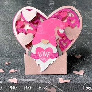 Valentinstag 3D Gnom SVG Vorlage: Geschichteten Papierschnitt-Design mit Herzen für DIY Handwerk