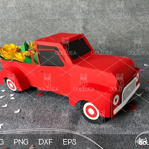 Camion di carta 3D per San Valentino SVG con fiori arrotolati / File di taglio stampabile per veicolo rosso vintage