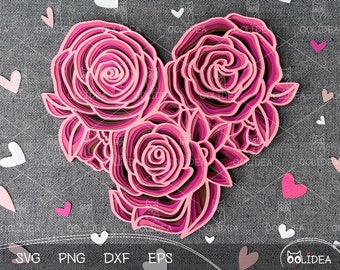 Rose Heart SVG Template | 3D Floral Heart Mandala SVG | Valentine's Day Layered Floral Heart SVG