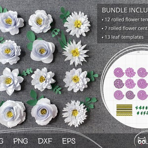 Rolled Flower & Leaves SVG Bundle | Rolled Flower with centers SVG | Rolled Flower SVG | 3D Paper Flower Template | Paper flowers cut file