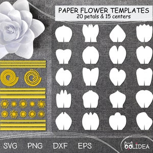 May include: Paper flower templates for crafting. The image shows 20 white petal shapes and 15 white center shapes. There are also 10 yellow shapes for the center of the flower. The text "PAPER FLOWER TEMPLATES 20 petals & 15 centers" is at the top of the image.