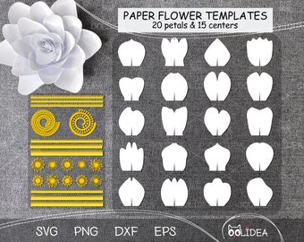 May include: Paper flower templates for crafting. The image shows 20 white petal shapes and 15 white center shapes. There are also 10 yellow shapes for the center of the flower. The text "PAPER FLOWER TEMPLATES 20 petals & 15 centers" is at the top of the image.