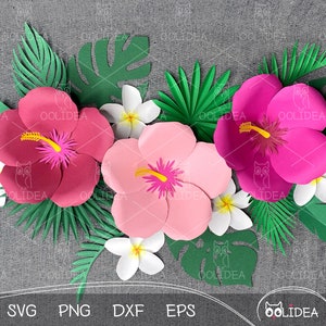 Tropisches Floral SVG Bundle: 3 Blumen & Blatt Vorlagen für Cricut, Silhouette Papiermodell