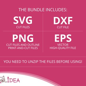 Może przedstawiać: R&oacute;żowa grafika z białym tekstem wymieniającym typy plik&oacute;w: SVG, DXF, PNG i EPS. Tekst "THE BUNDLE INCLUDES:" znajduje się na g&oacute;rze. Poniżej napisano "YOU NEED TO UNZIP THE FILES BEFORE USING!"