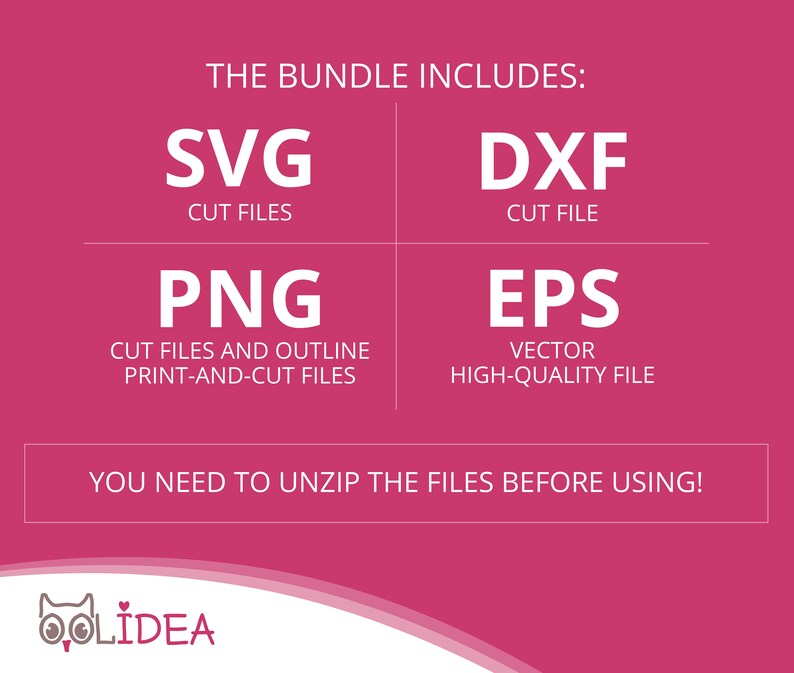 Może przedstawiać: R&oacute;żowa grafika z białym tekstem wymieniającym typy plik&oacute;w: SVG, DXF, PNG i EPS. Tekst "THE BUNDLE INCLUDES:" znajduje się na g&oacute;rze. Poniżej napisano "YOU NEED TO UNZIP THE FILES BEFORE USING!"
