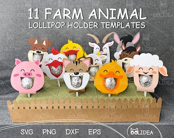 Farm Animal Lollipop Holders SVG templates for kids: dog, cat, cow, sheep, goat, pig, chicken, chick, duckling, donkey and horse