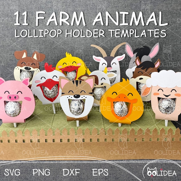 Farm Animal Lollipop Holders SVG templates for kids: dog, cat, cow, sheep, goat, pig, chicken, chick, duckling, donkey and horse