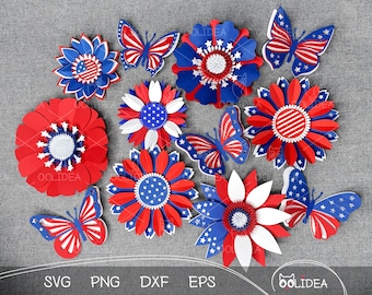 May include: A set of 10 paper cutouts in red, white, and blue, featuring butterflies, flowers, and stars. The designs are reminiscent of the American flag.