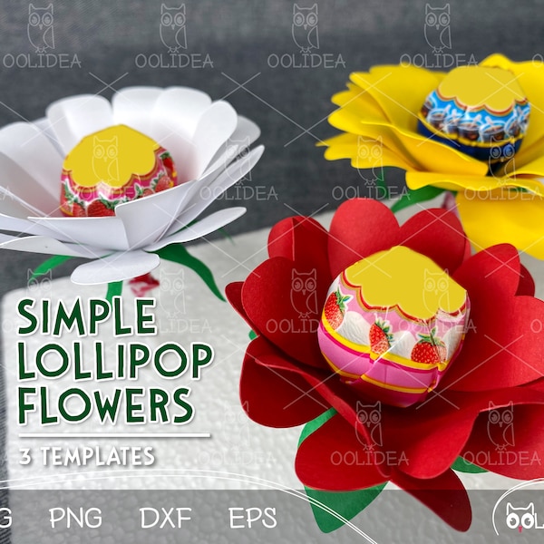 Semplice pacchetto SVG di fiori di lecca-lecca n. 2 / modelli SVG di fiori di carta / fiori di carta 3D file tagliati per il download digitale