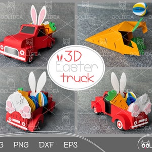 3D Ostertruck SVG: Vintage Papierschnitt Vorlage mit Hasenohren, Ei & Karotten Candy Halter