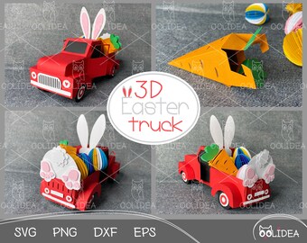 3D Easter Truck SVG: Vintage Papercut Template with Bunny Ears, Egg & Carrot Candy Holder