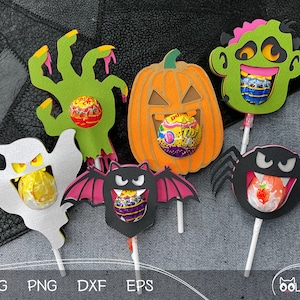 Halloween Lollipop Holders SVG | Pumpkin, Spider, Bat, Zombie, and Zombie's Hand, Ghost SVG | Halloween for Kids | Sucker Holder SVG Designs