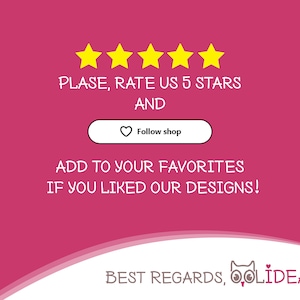 Może przedstawiać: R&oacute;żowe tło z ż&oacute;łtymi gwiazdami i białym tekstem, kt&oacute;ry brzmi "PLASE, RATE US 5 STARS AND Follow shop ADD TO YOUR FAVORITES IF YOU LIKED OUR DESIGNS! BEST REGARDS, OOLIDEA."