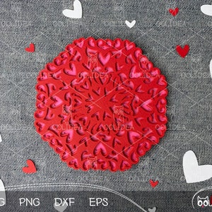 May include: Red paper cut-out design with a repeating heart pattern. The design is on a gray background with white paper hearts scattered around it.