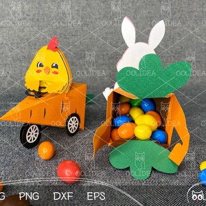 Modèle 3D SVG de porte-bonbons de Pâques aux carottes : Lapin et poussin en téléchargement numérique pour paniers-cadeaux