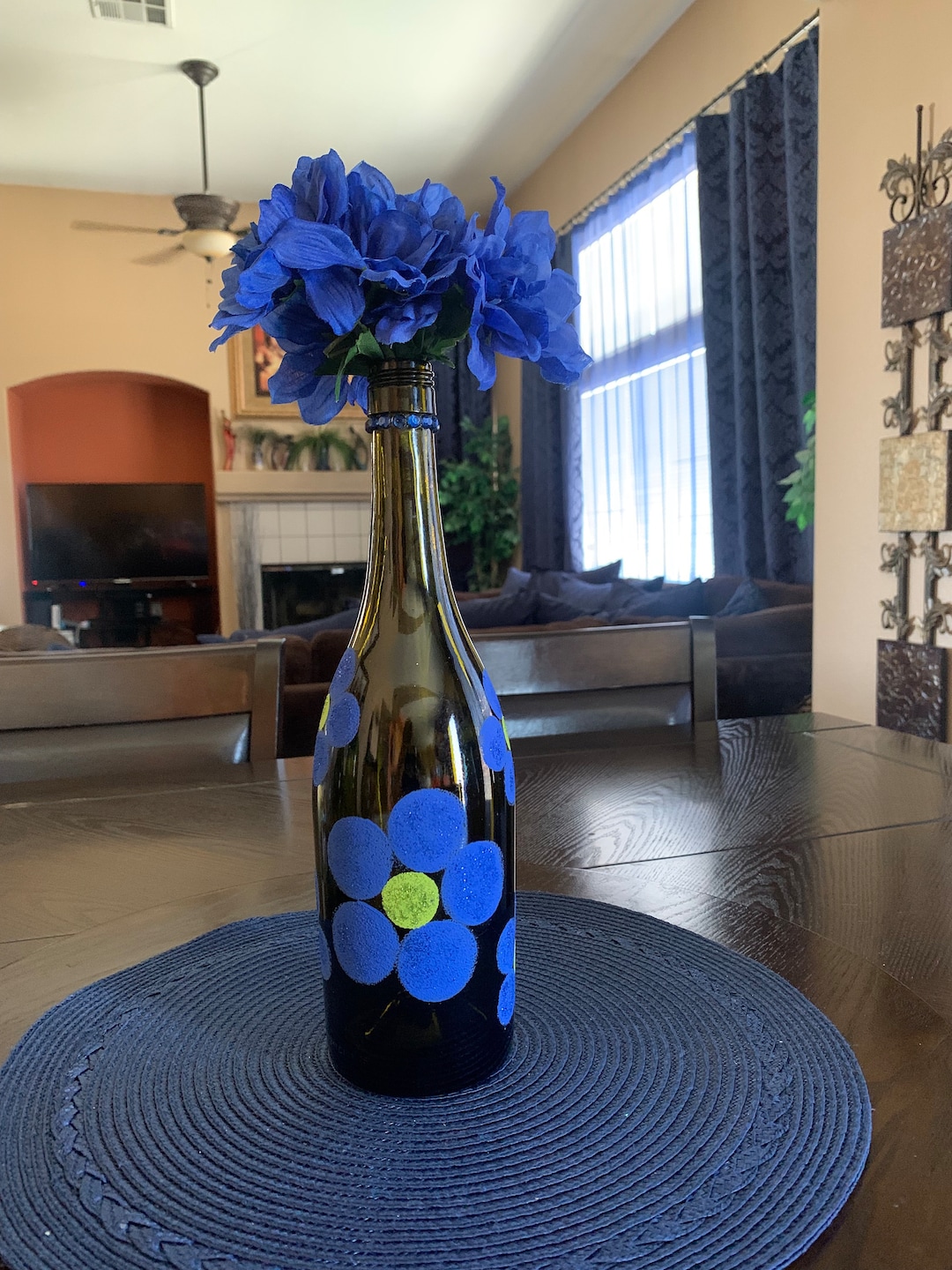 Glass Vase Jar Blue & Green Handpainted Glittered Flower Wine Etsy