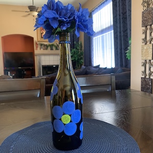Glass Vase Jar Blue & Green Hand-Painted Glittered Flower Wine Bottle, Christmas, Mother&#39;s Day, Gift for Her, Birthday, Wedding