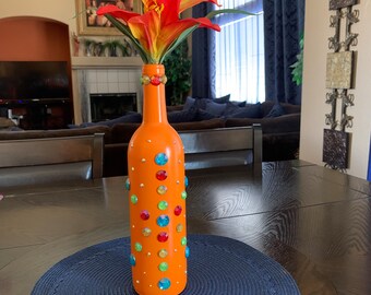 Jarrón de vidrio Jar naranja joya botella de vino con flor, Navidad, Día de la Madre, pieza central, comedor, sala de estar, regalo para ella, rústico
