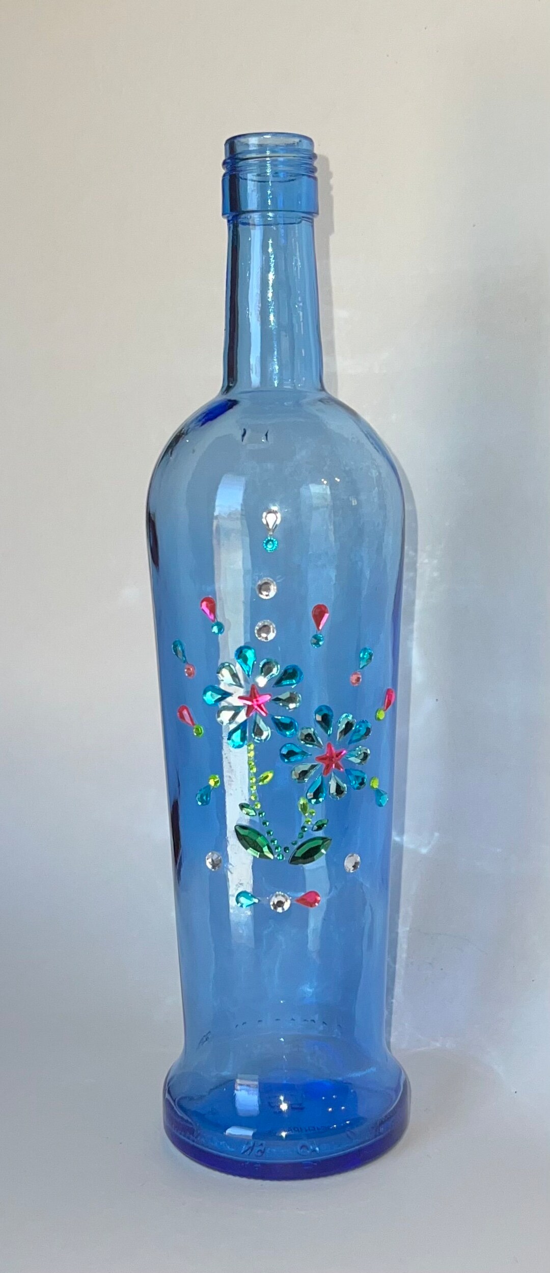 Clear Glass Vase Jar Blue Jeweled Wine Bottle, Christmas, Centerpiece