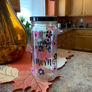 Glass Jar Pink and Black with Flowers A Cute Gift for Her, Chrismas, Bathroom, Kitchen, Bedroom, Mother&#39;s Day