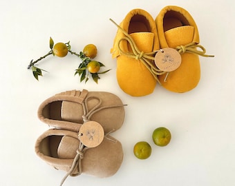 Fringed Baby Moccasins: Beige & Yellow Infant Shoes (6-12 Months)