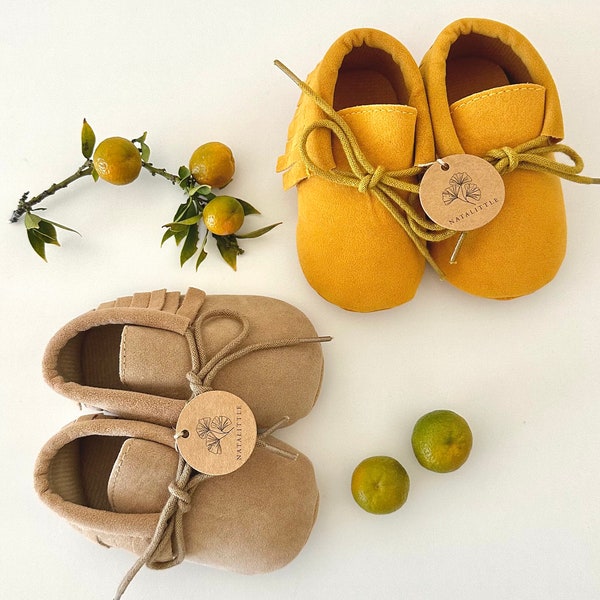 BABY MOCCASINS, Baby shoes, Infant shoes beige, Baby boy moccasins, Toddler shoes beige, Baby shoes 6-12 months, Toddler moccasins yellow