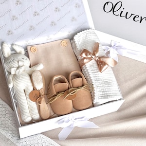 Personalized Newborn Gift Set: Cotton Swaddle, Plush Bunny & Moccasins