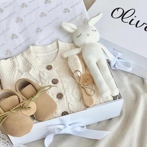 Personalized Newborn Gift Set: Cotton Romper, Bunny Plush & Moccasins
