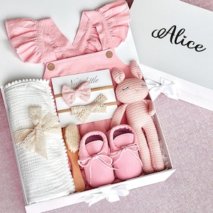Personalized Baby Girl Gift Box: Romper, Moccasins & Plush Bunny