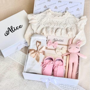Personalized Baby Girl Gift Box: Knitted Romper, Plush Bunny & More