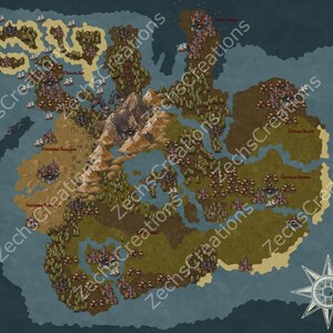 May include: A detailed fantasy map featuring islands, mountains, forests, and bodies of water. The map includes various settlements and geographical features, with a compass rose in the lower right corner. The color palette includes shades of brown, green, and blue.