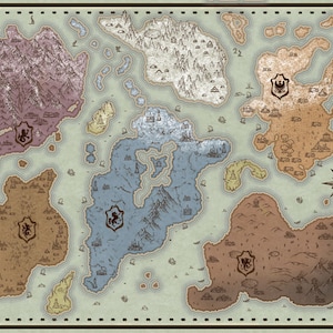 May include: A detailed fantasy map with various landmasses in shades of purple, brown, blue, and tan, surrounded by a light green sea. Each landmass features intricate details like mountains, castles, and crests. A compass rose and decorative border complete the design.