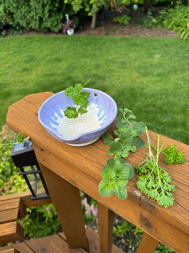 Handmade pottery herb stripper, garlic grater, small mixing bowl