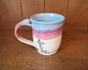 Handmade Ceramic Flamingo Mug, Pottery Mug, Fuchsia and Blue