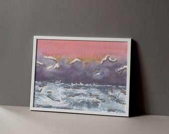 Pink Storm | Original Painting | Coastal Watercolor Fine Art Print | Japanese Style Print | Small Piece of Art | Block Print Style