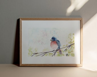 Prussian Blue Bird Watercolor Art Print: Whimsical Plumage