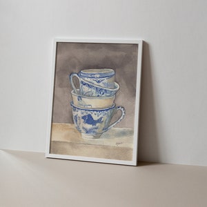 Blue and White Teacups | Original Watercolor | Fine Art Print
