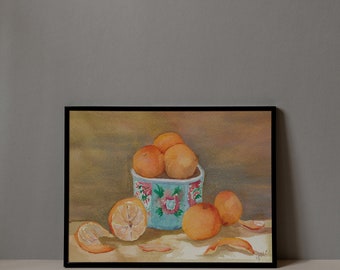 Bowl of Oranges | Turquoise Pottery |Orange and Blue Art Print | Original Watercolor Print |