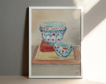 Blue and White Bowls | Celadon Pottery |Stack of Old Red Books | Original Watercolor Print |