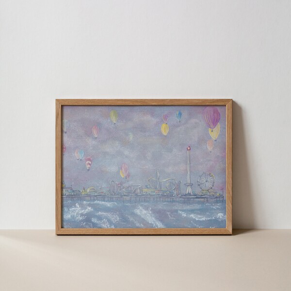 Galveston Pleasure Pier Watercolor Print: Hot Air Balloons, Ocean View