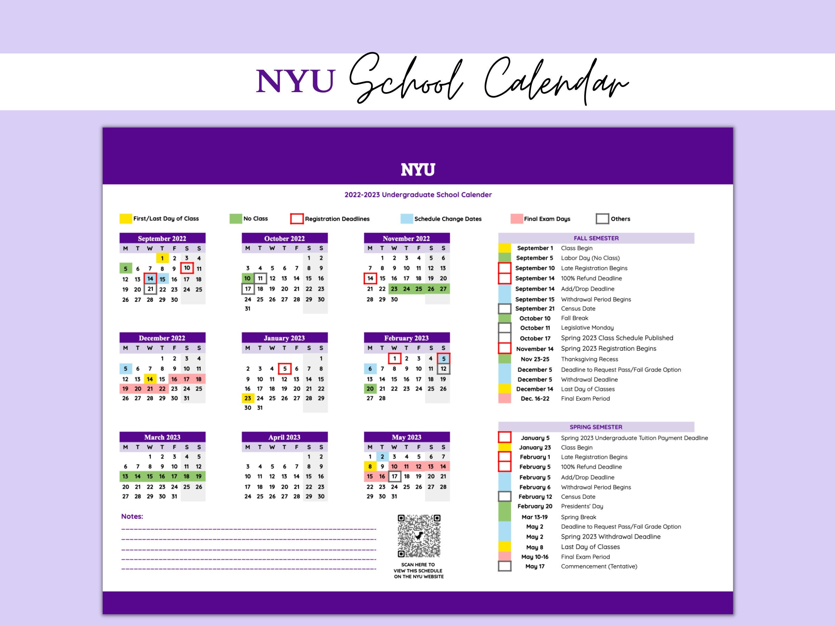 PRINTABLE NYU 20222023 Academic Yearly Calendar Monthly Etsy UK